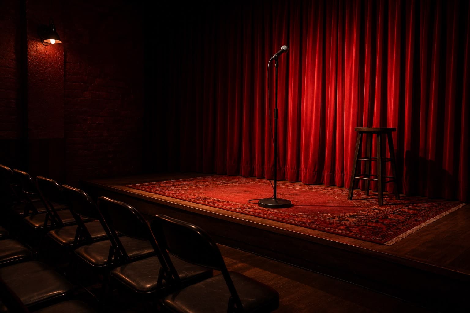 Red curtain comedy stage with a microphone and stool